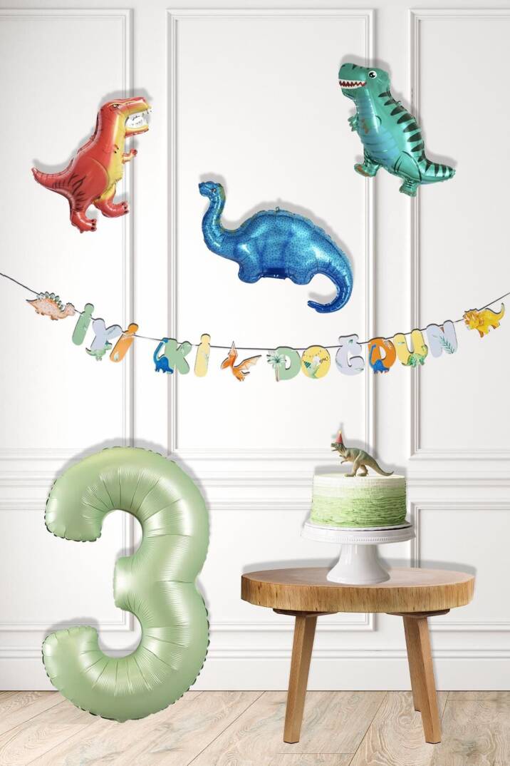 Dinazor Tema Doğum Günü Balon Süsleme Seti Bannerlı Yaş Balonlu Dinozor Balon Zincir Paketi - 4