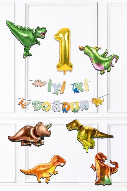 Dinazor Tema Doğum Günü Balon Zinciri Seti Yaş Doğum Günü 6lı Dinozor Balon Banner Seti - 1