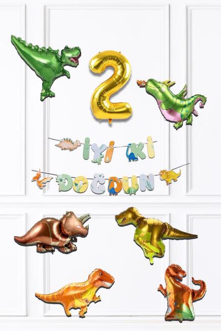 Dinazor Tema Doğum Günü Balon Zinciri Seti Yaş Doğum Günü 6lı Dinozor Balon Banner Seti - 3
