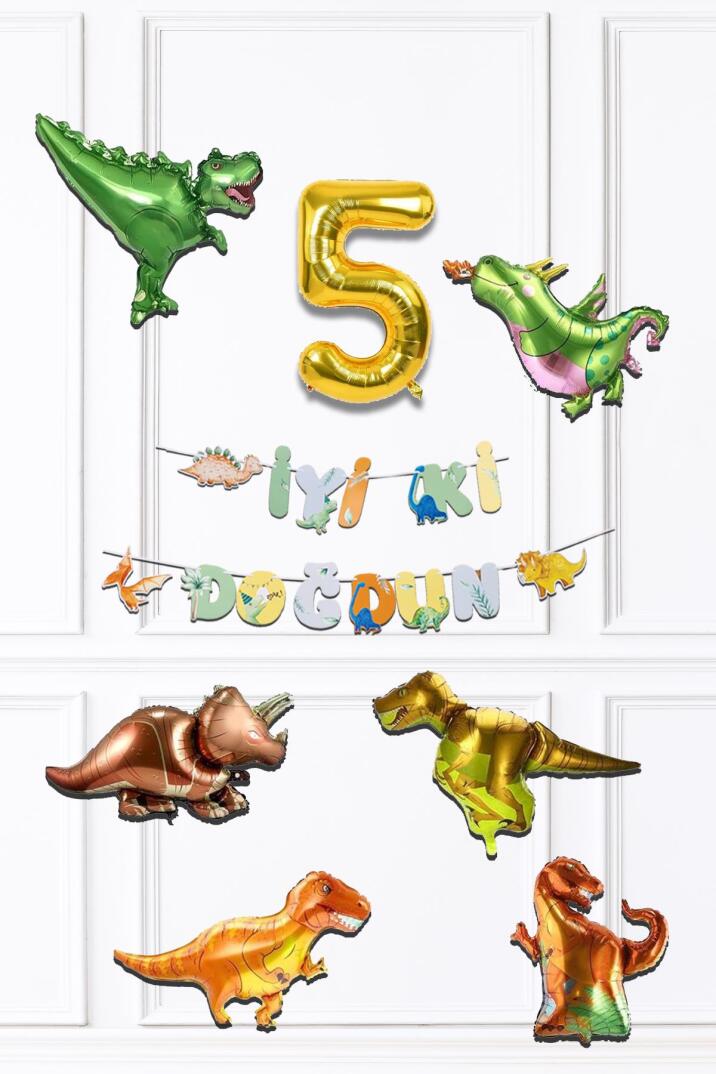 Dinazor Tema Doğum Günü Balon Zinciri Seti Yaş Doğum Günü 6lı Dinozor Balon Banner Seti - 9