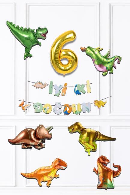 Dinazor Tema Doğum Günü Balon Zinciri Seti Yaş Doğum Günü 6lı Dinozor Balon Banner Seti - 11