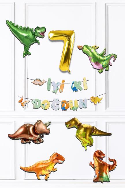 Dinazor Tema Doğum Günü Balon Zinciri Seti Yaş Doğum Günü 6lı Dinozor Balon Banner Seti - 13