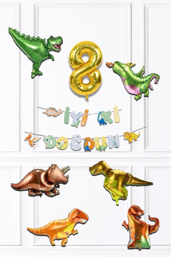 Dinazor Tema Doğum Günü Balon Zinciri Seti Yaş Doğum Günü 6lı Dinozor Balon Banner Seti - 15