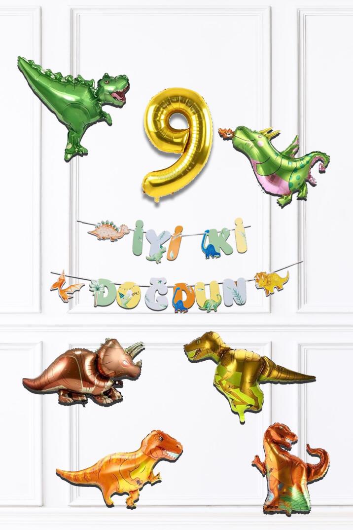 Dinazor Tema Doğum Günü Balon Zinciri Seti Yaş Doğum Günü 6lı Dinozor Balon Banner Seti - 17