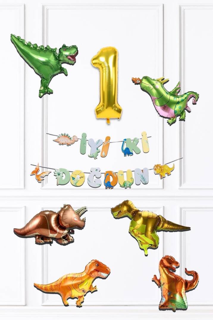 Dinazor Tema Doğum Günü Balon Zinciri Seti Yaş Doğum Günü 6lı Dinozor Balon Banner Seti - 1