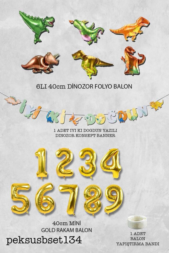 Dinazor Tema Doğum Günü Balon Zinciri Seti Yaş Doğum Günü 6lı Dinozor Balon Banner Seti - 2