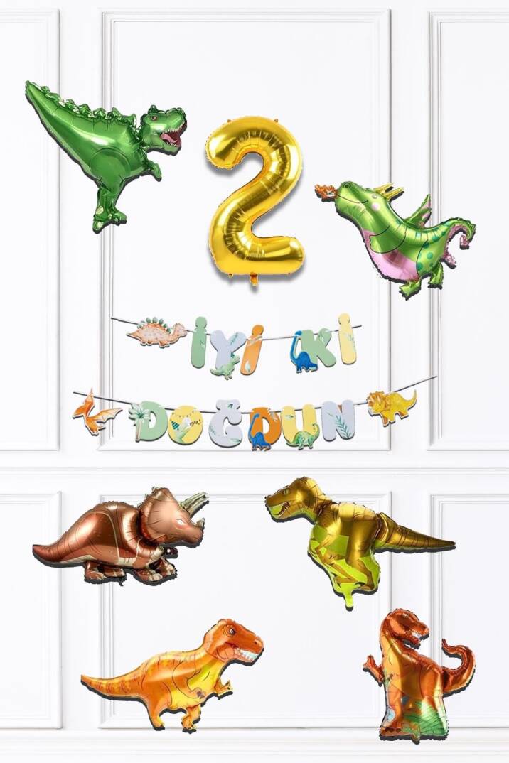 Dinazor Tema Doğum Günü Balon Zinciri Seti Yaş Doğum Günü 6lı Dinozor Balon Banner Seti - 3
