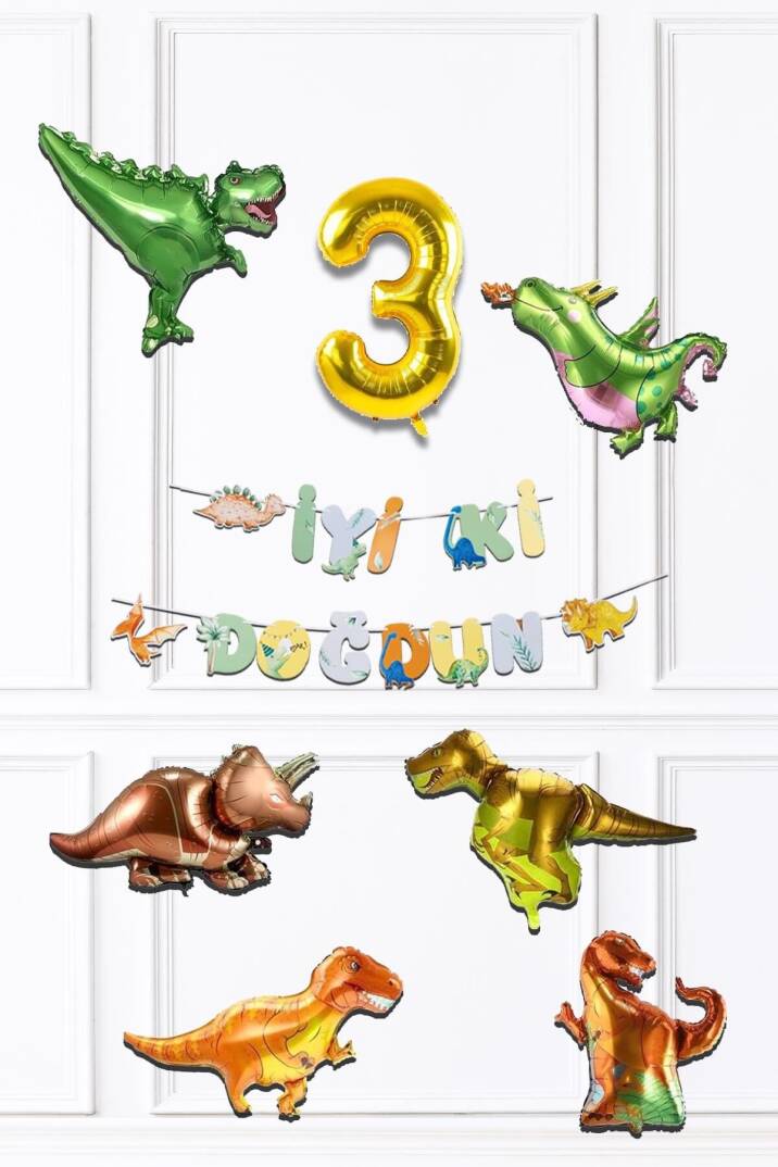 Dinazor Tema Doğum Günü Balon Zinciri Seti Yaş Doğum Günü 6lı Dinozor Balon Banner Seti - 4