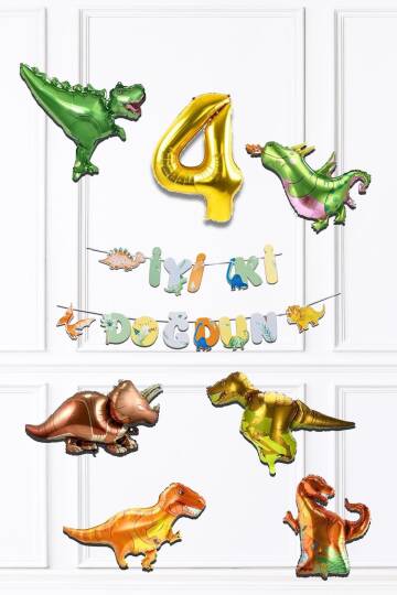 Dinazor Tema Doğum Günü Balon Zinciri Seti Yaş Doğum Günü 6lı Dinozor Balon Banner Seti - 5