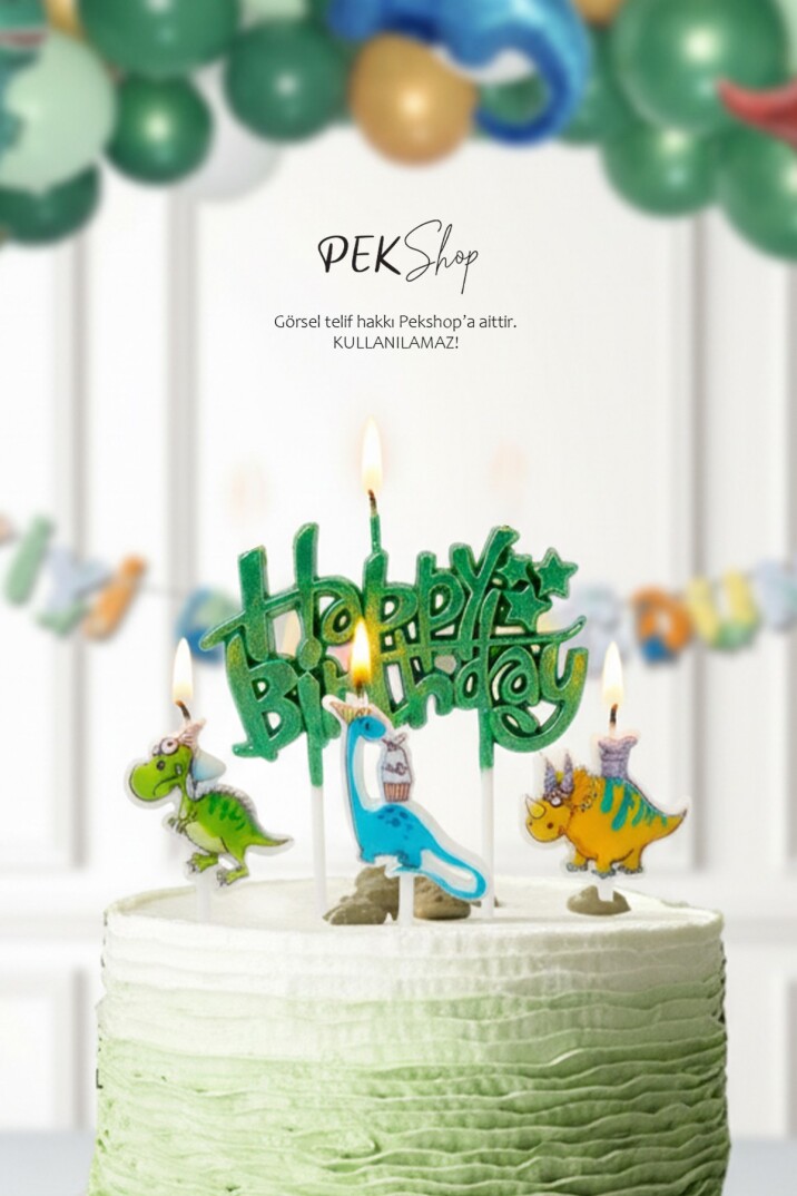Dinazor Tema Happy Birthday Mum Seti 4lü Dinazor Tema Doğum Günü Pasta Mum Seti - 1