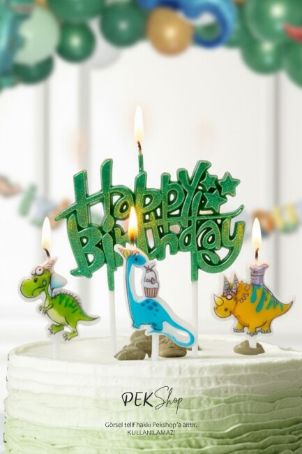 Dinazor Tema Happy Birthday Mum Seti 4lü Dinazor Tema Doğum Günü Pasta Mum Seti - 2