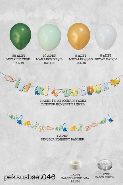 Dinozor Konsept Doğum Günü Balon Zinciri Banner İyi ki Doğdun Yazı Seti - 2
