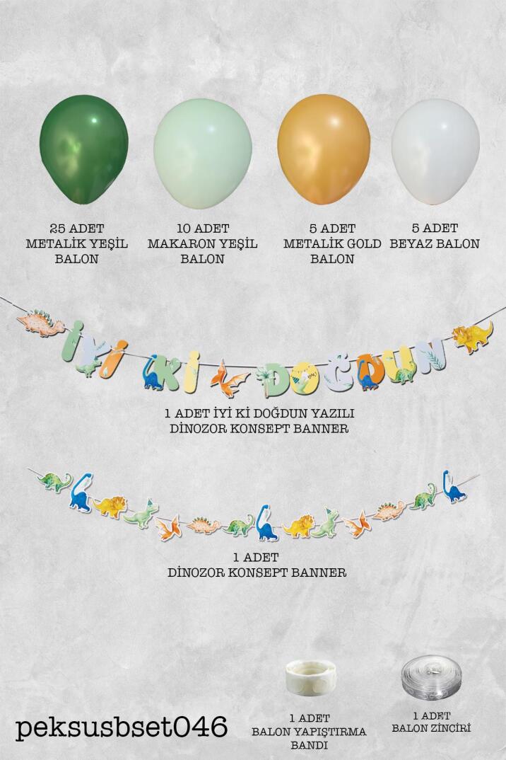 Dinozor Konsept Doğum Günü Balon Zinciri Banner İyi ki Doğdun Yazı Seti - 2