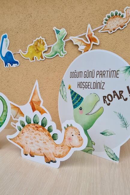 Dinozor Konsept Doğum Günü Süsleri Seti Dinazor Masa Üstü Panolar Balon Zinciri 56 Parça - 6