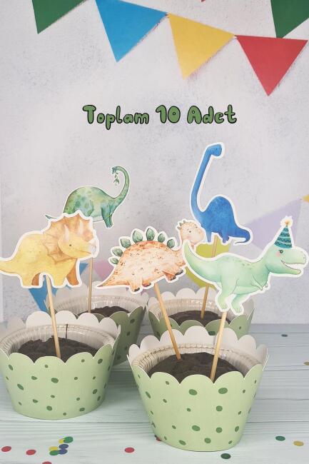 Dinozor Konsept Kürdan Süsleri Cupcake Süsleri Lüks Büyük Boy 10lu Paket - 2