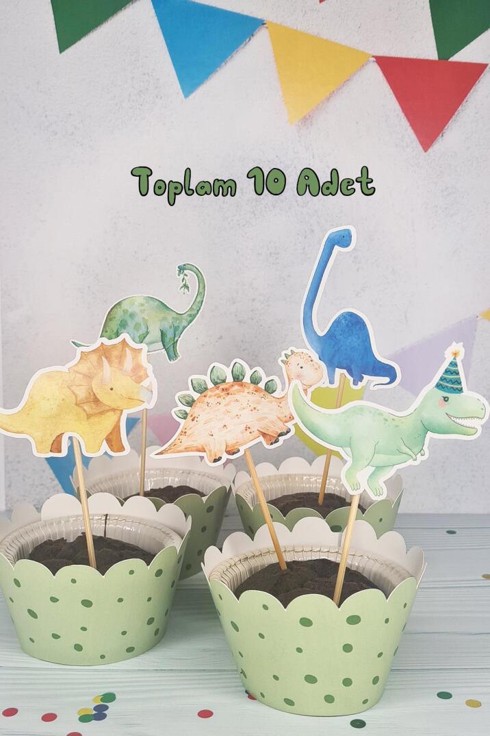 Dinozor Konsept Kürdan Süsleri Cupcake Süsleri Lüks Büyük Boy 10lu Paket - 2