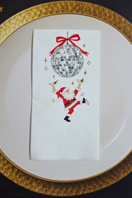 Disko Topu ve Dans Eden Noel Baba Baskılı Beyaz Yılbaşı Peçetesi 20’li Paket