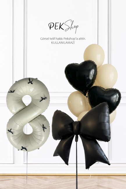 Doğum Günü Siyah Fiyonk ve Kalpler Retro Krem Balonlu Balon Seti Set231 - 29