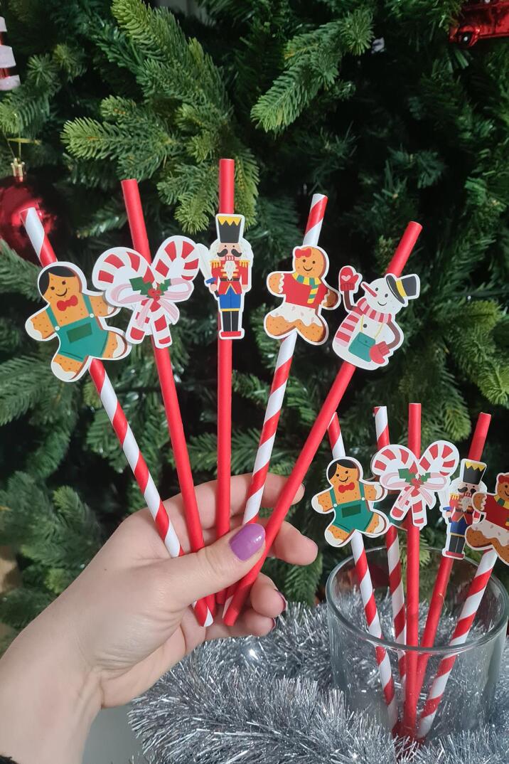 Eğlenceli Yılbaşı Pipet Süsleri Yılbaşı Sofra Süsleri 10 lu Paket Pipet - 1