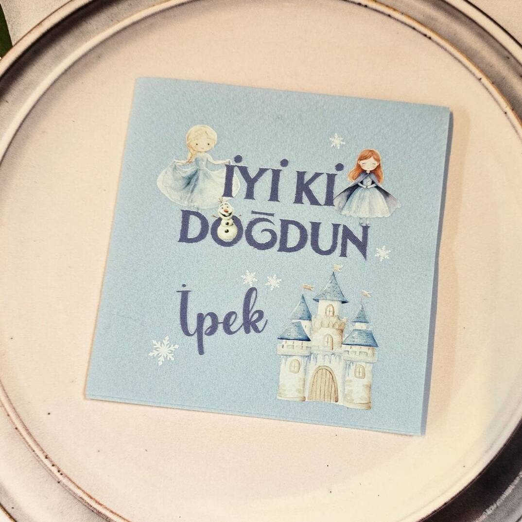 Elsa Konsept Dokulu Mavi İsme Özel Kare Peçete - 1