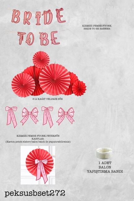 Fiyonk Tema Kırmızı Pembe Bride To Be Süsleme Seti Kırmızı Yelpaze Süslü Bride Parti Süsleri - 2