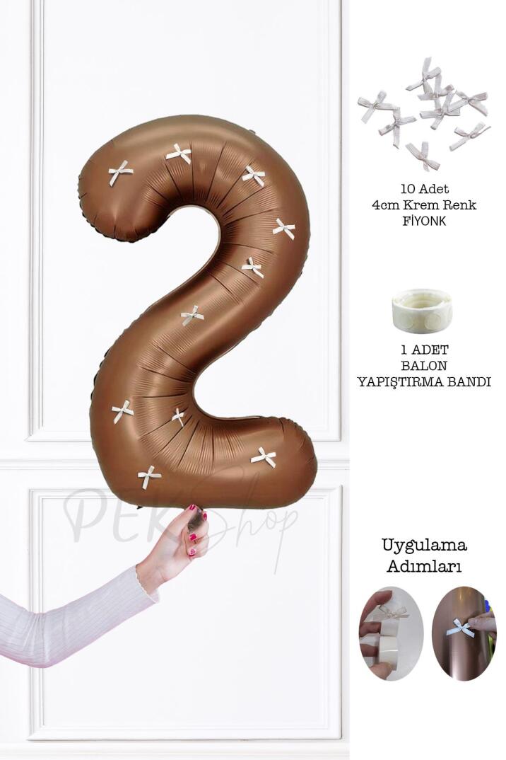 Fiyonklu Retro Çikolata Kahve Rakam Balon 80 cm Fiyonk Kurdeleli - 3