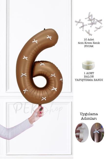 Fiyonklu Retro Çikolata Kahve Rakam Balon 80 cm Fiyonk Kurdeleli - 11