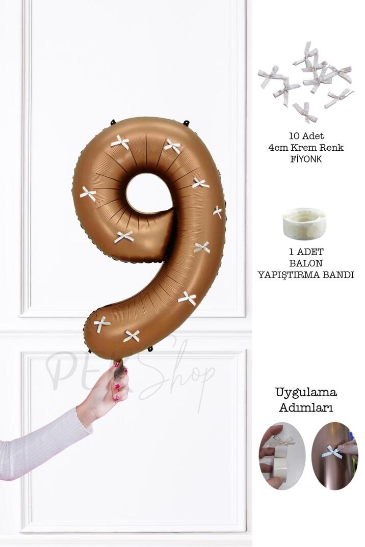 Fiyonklu Retro Çikolata Kahve Rakam Balon 80 cm Fiyonk Kurdeleli - 17