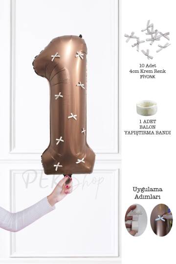Fiyonklu Retro Çikolata Kahve Rakam Balon 80 cm Fiyonk Kurdeleli - 1