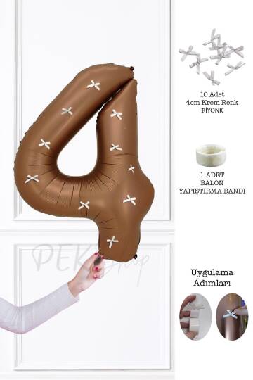 Fiyonklu Retro Çikolata Kahve Rakam Balon 80 cm Fiyonk Kurdeleli - 5