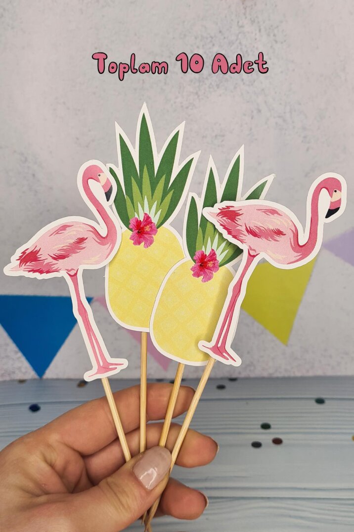 Flamingo Konsept Kürdan Süsleri Cupcake Süsleri Lüks Büyük Boy 10lu Paket - 5