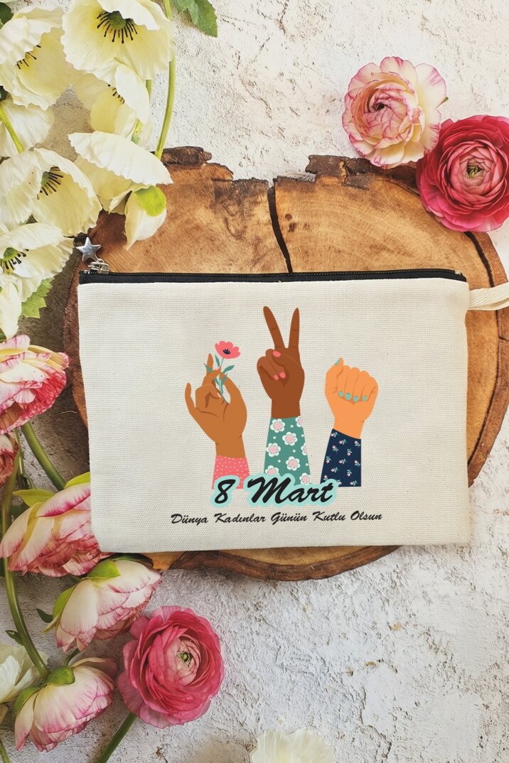 Girl Power Tasarım 8 Mart Kadınlar Günü Hediyesi Astarlı Makyaj Çantası Clutch Çanta - 1