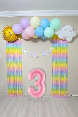 Gökkuşağı Konsept Pembe Yaş Balonu Lüks Parti Süeleme Seti Balon Zinciri Seti - 4