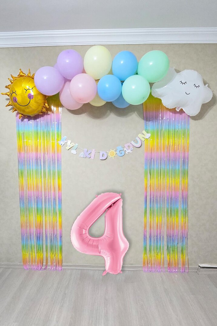 Gökkuşağı Konsept Pembe Yaş Balonu Lüks Parti Süeleme Seti Balon Zinciri Seti - 5