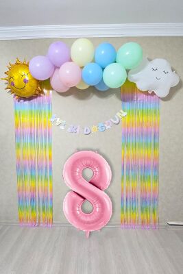 Gökkuşağı Konsept Pembe Yaş Balonu Lüks Parti Süeleme Seti Balon Zinciri Seti - 9