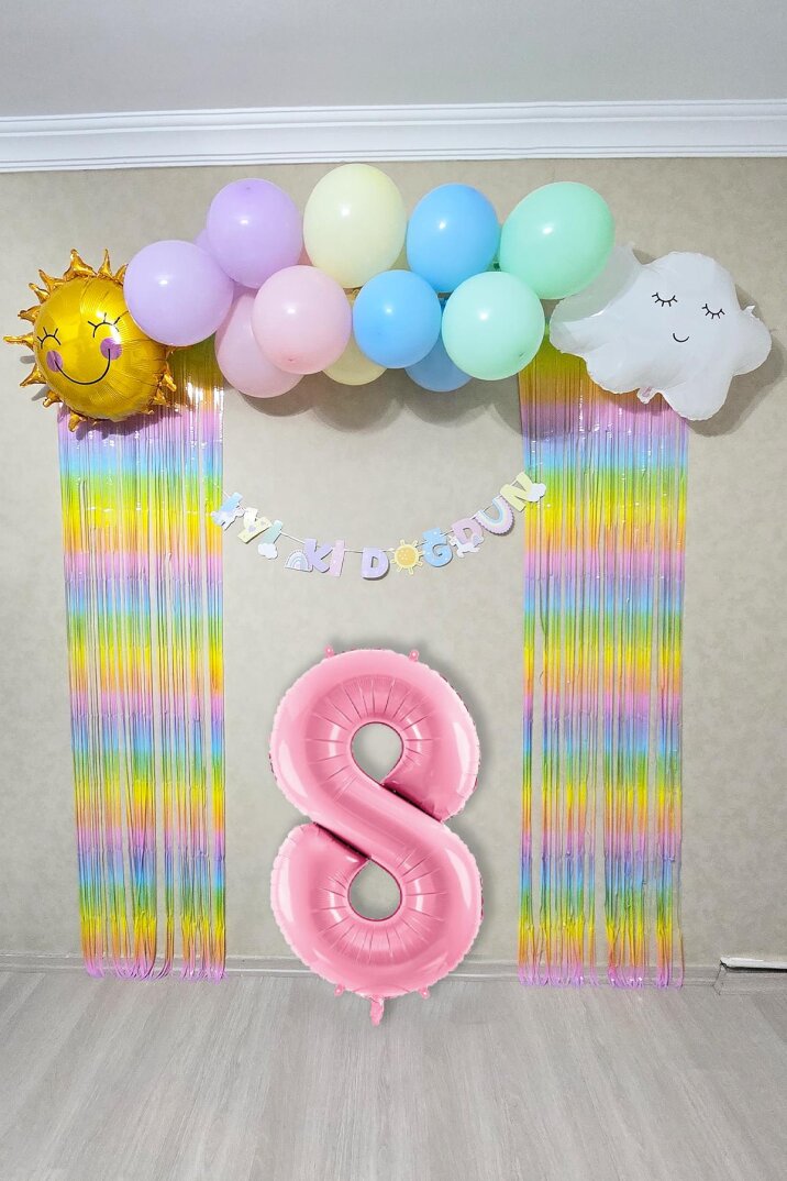 Gökkuşağı Konsept Pembe Yaş Balonu Lüks Parti Süeleme Seti Balon Zinciri Seti - 9