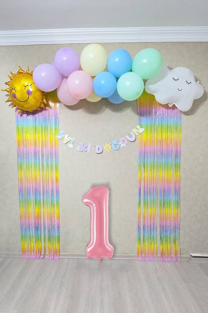 Gökkuşağı Konsept Pembe Yaş Balonu Lüks Parti Süeleme Seti Balon Zinciri Seti - 1