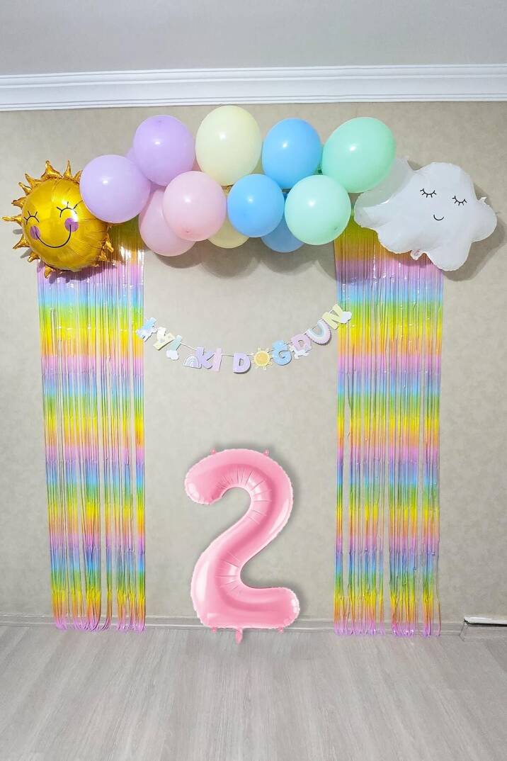 Gökkuşağı Konsept Pembe Yaş Balonu Lüks Parti Süeleme Seti Balon Zinciri Seti - 3