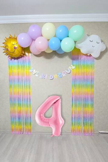 Gökkuşağı Konsept Pembe Yaş Balonu Lüks Parti Süeleme Seti Balon Zinciri Seti - 5