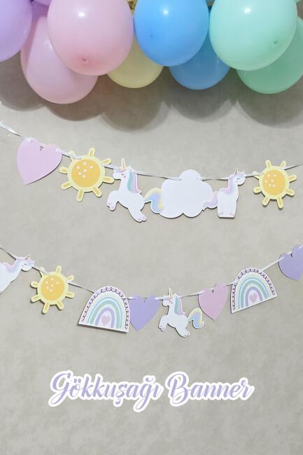 Gökkuşağı Tema Banner Gökkuşağı Unicorn Temalı Doğum Günü Süsleri - 1