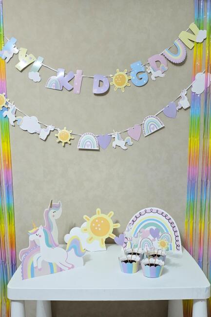 Gökkuşağı Tema Banner Gökkuşağı Unicorn Temalı Doğum Günü Süsleri - 3