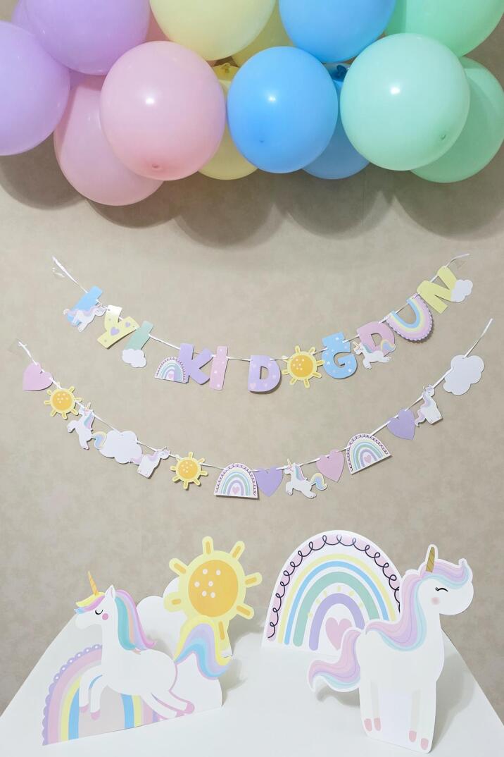 Gökkuşağı Unicorn Konsept Bannerlı Masa Üstü Pano Setli Balon Zinciri Seti - 1