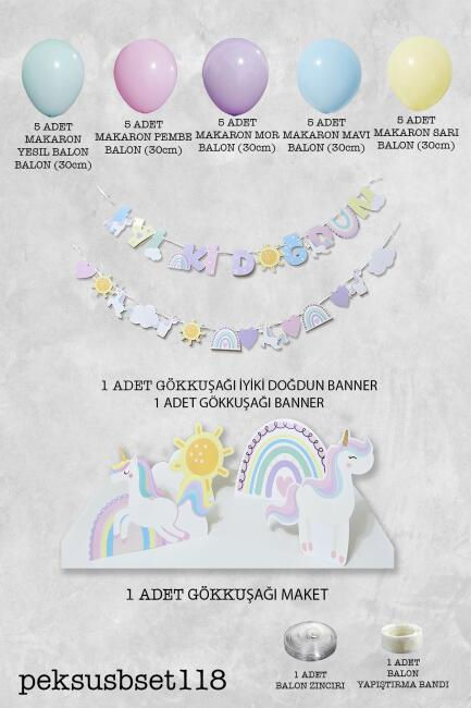 Gökkuşağı Unicorn Konsept Bannerlı Masa Üstü Pano Setli Balon Zinciri Seti - 2
