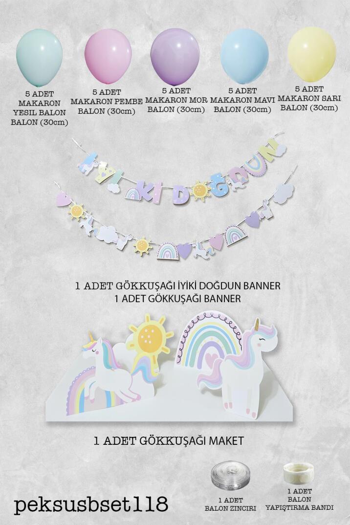 Gökkuşağı Unicorn Konsept Bannerlı Masa Üstü Pano Setli Balon Zinciri Seti - 2