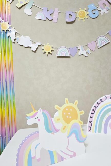 Gökkuşağı Unicorn Konsept Bannerlı Masa Üstü Pano Setli Balon Zinciri Seti - 3