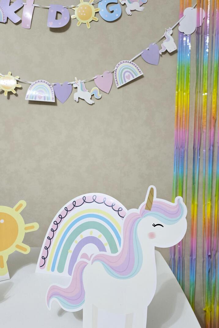 Gökkuşağı Unicorn Konsept Bannerlı Masa Üstü Pano Setli Balon Zinciri Seti - 4