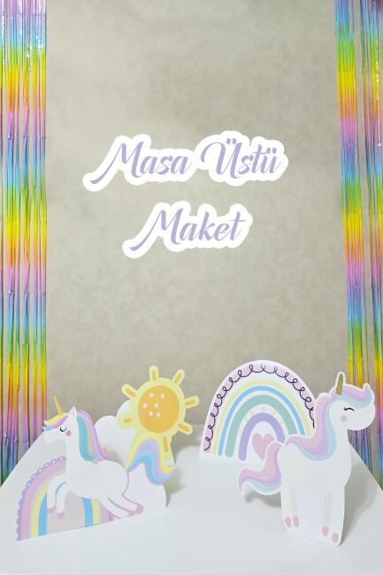 Gökkuşağı Unicorn Tema Ayaklı Pano Seti Gökkuşağı Konsept Doğum Günü Masa Üstü Panolar - 1