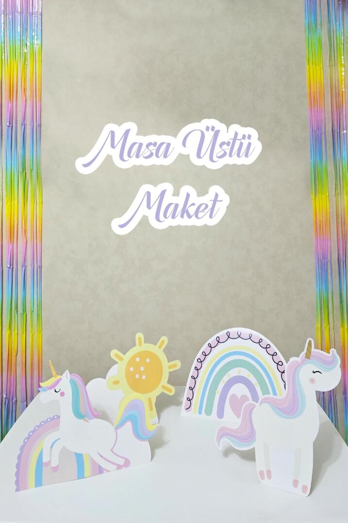 Gökkuşağı Unicorn Tema Ayaklı Pano Seti Gökkuşağı Konsept Doğum Günü Masa Üstü Panolar - 1
