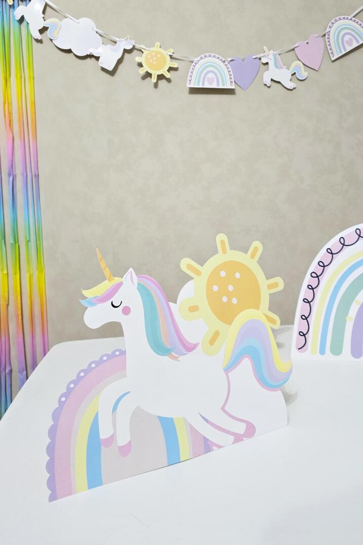 Gökkuşağı Unicorn Tema Ayaklı Pano Seti Gökkuşağı Konsept Doğum Günü Masa Üstü Panolar - 2