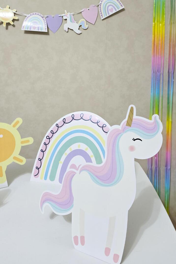 Gökkuşağı Unicorn Tema Ayaklı Pano Seti Gökkuşağı Konsept Doğum Günü Masa Üstü Panolar - 3